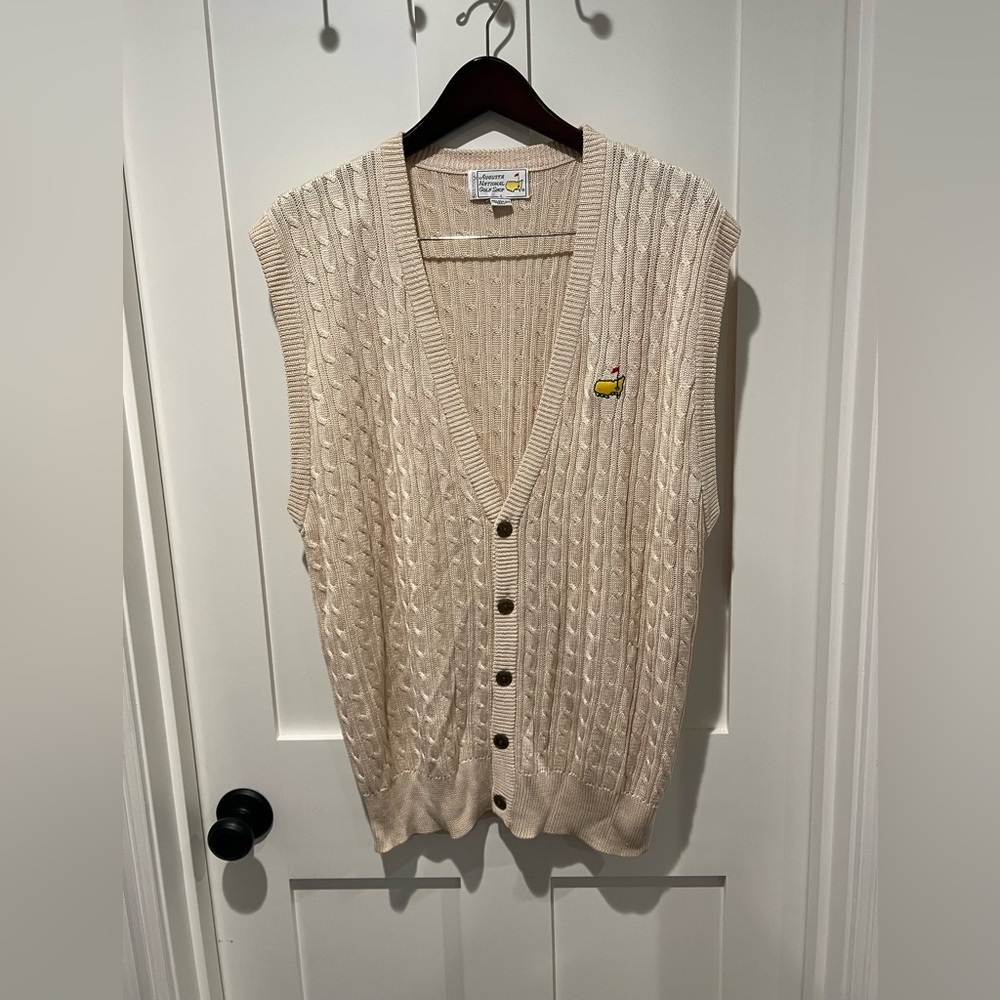 Vintage Augusta Sportswear Masters Cable Knit Cardigan Vest, Cream- Men’s Large